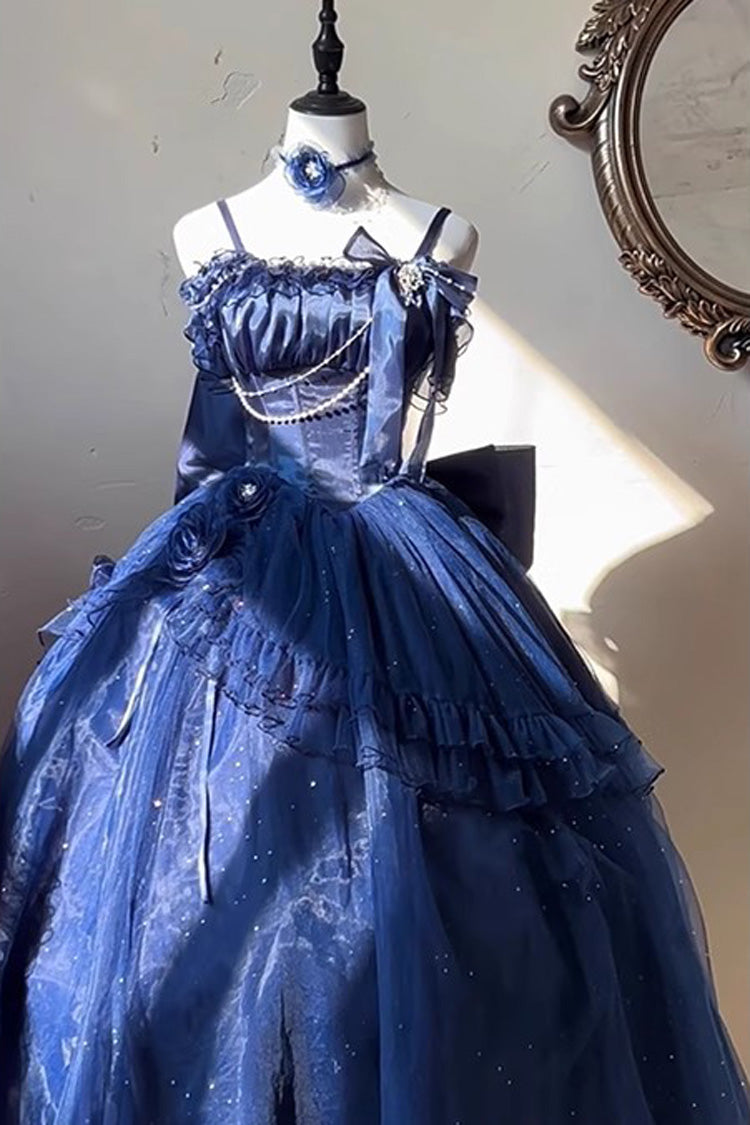 Blue [Bright Stars] Off Shoulder Ruffle Bowknot Asymmetric Sweet Elegant Princess Lolita Dress