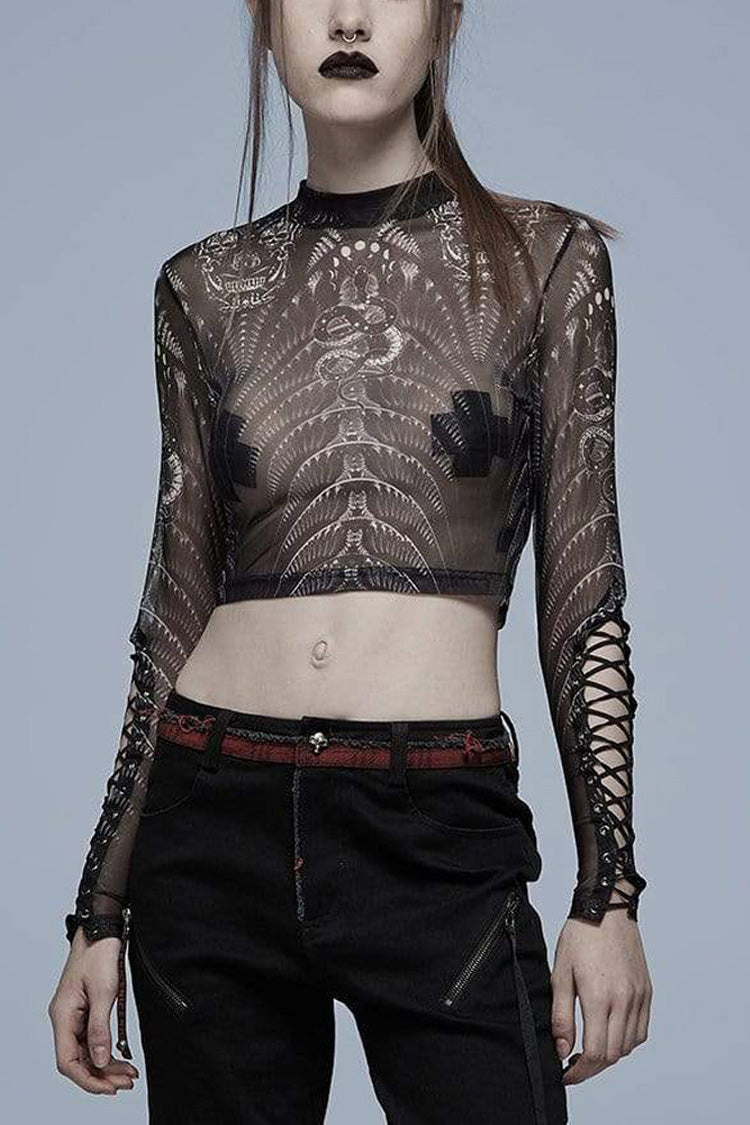 Schwarz/Weiß Gothic Persönlichkeit Totenkopf Druckmuster Elastizität Mesh Eng Sexy Perspektive Krawatte Kordel An Der Manschette Damen Hemd