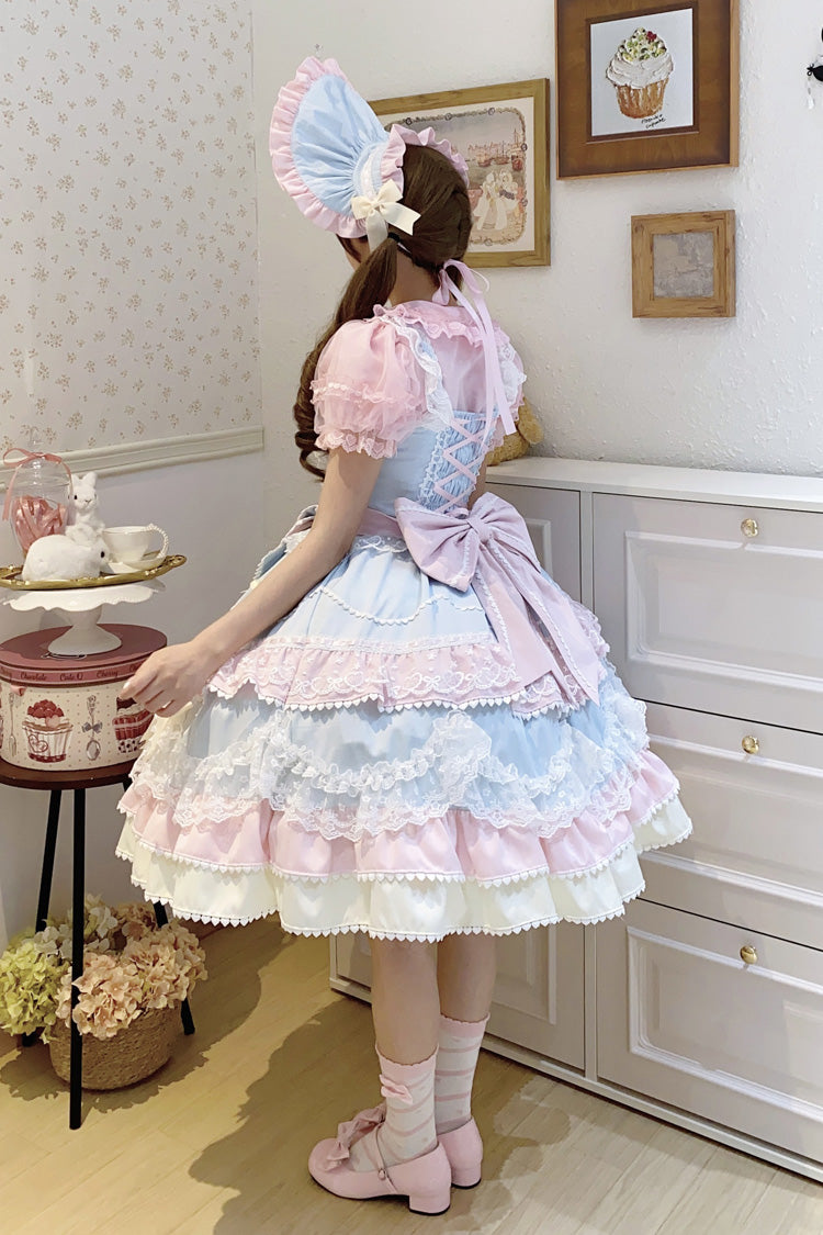 Robe Jsk Sweet Lolita en dentelle avec nœud à volants multicouches sans manches bleu/rose [gâteau fondant] 