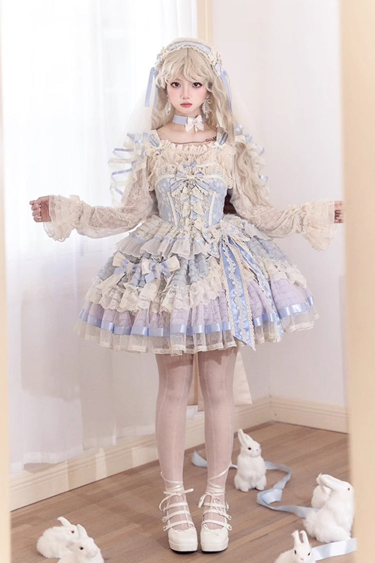 Blue [Moonstone] Sleeveless Ruffle Embroidery Bowknot Lace Fishbone Sweet Princess Lolita Dress