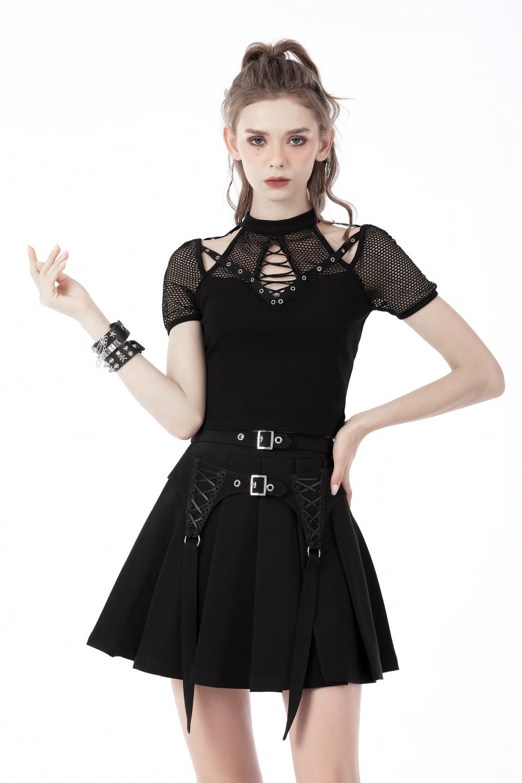 Black Double Buckled Women's Punk Pleated Skirt