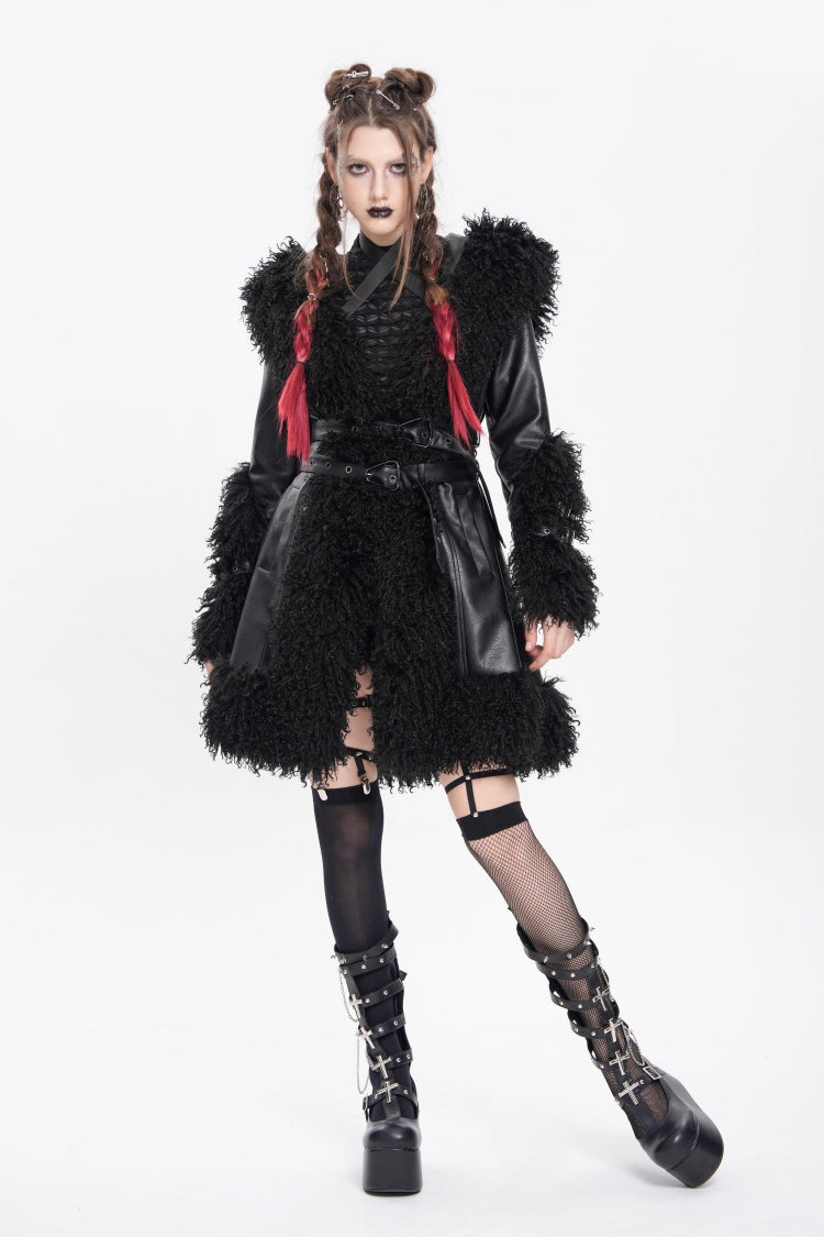 Black Long Sleeves Plush Stitching Buckle Hooded Straps Women's Punk Coat
