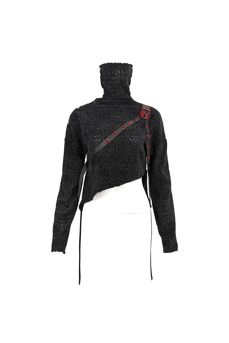 Black Texture Grainy Turtleneck Metal Buckle Through With Grommet Decoration Irregular Women's Punk Sweater