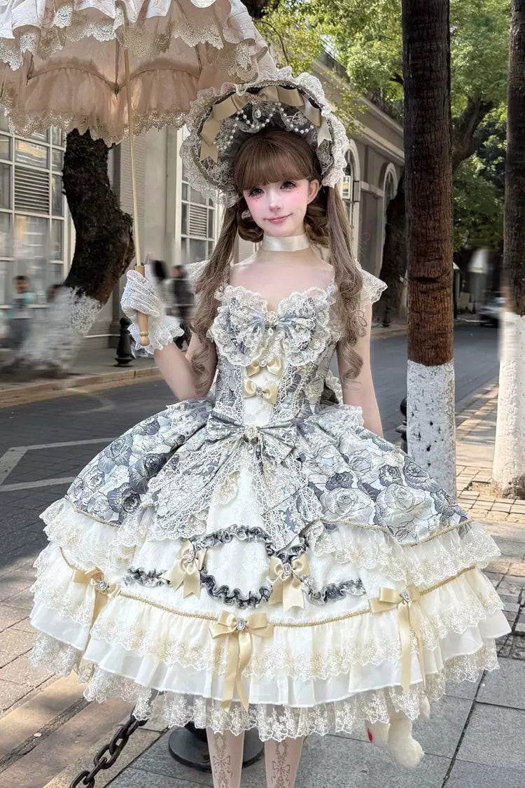 Schwarzes [vergoldeter Walzer] ärmelloses, bedrucktes, gerüschtes, besticktes Schleifen-Spitzen-Kleid mit quadratischem Kragen und wunderschönem, süßem Lolita-JSK-Kleid