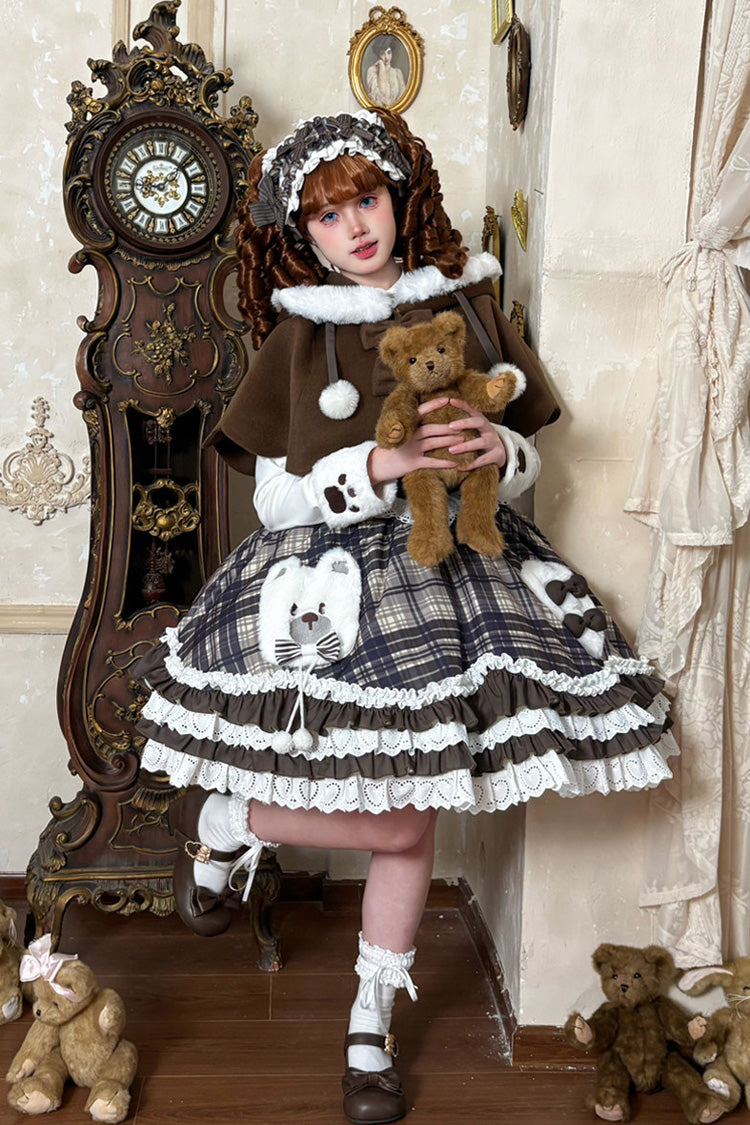 Braunes, langärmliges, dreilagiges, bedrucktes, gerüschtes Schleifen-Sweet-Lolita-JSK-Kleiderset
