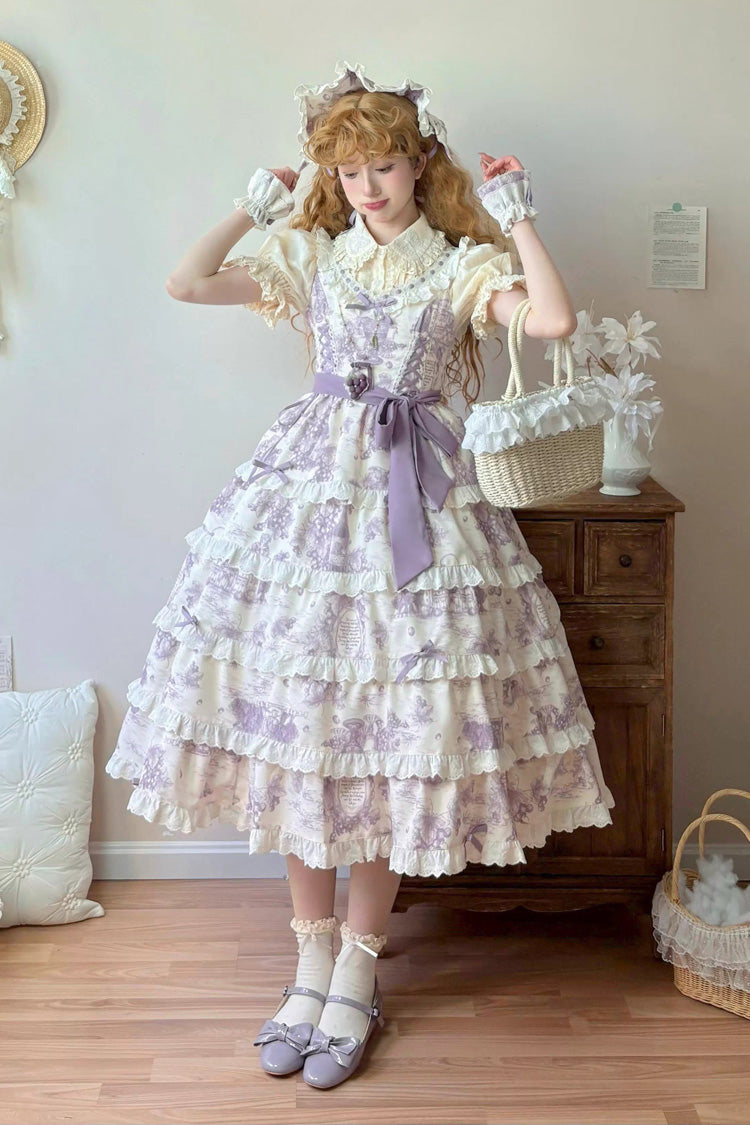 Purple [Grape Moon Almanac] Sleeveless Multi-Layered Printed Ruffled Bow Adjustable-Length Sweet Lolita Jsk Dress