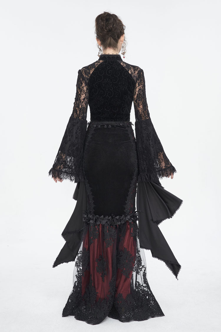 Schwarze Gothic-Bluse mit langen Trompetenärmeln und Spitzennähten für Damen