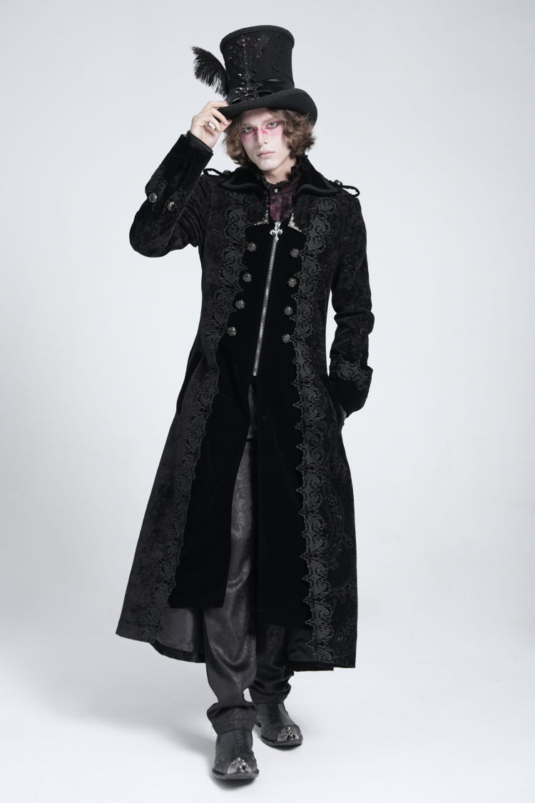 Black Lapel Collar Embroidery Zipper Men's Gothic Handsome Coat