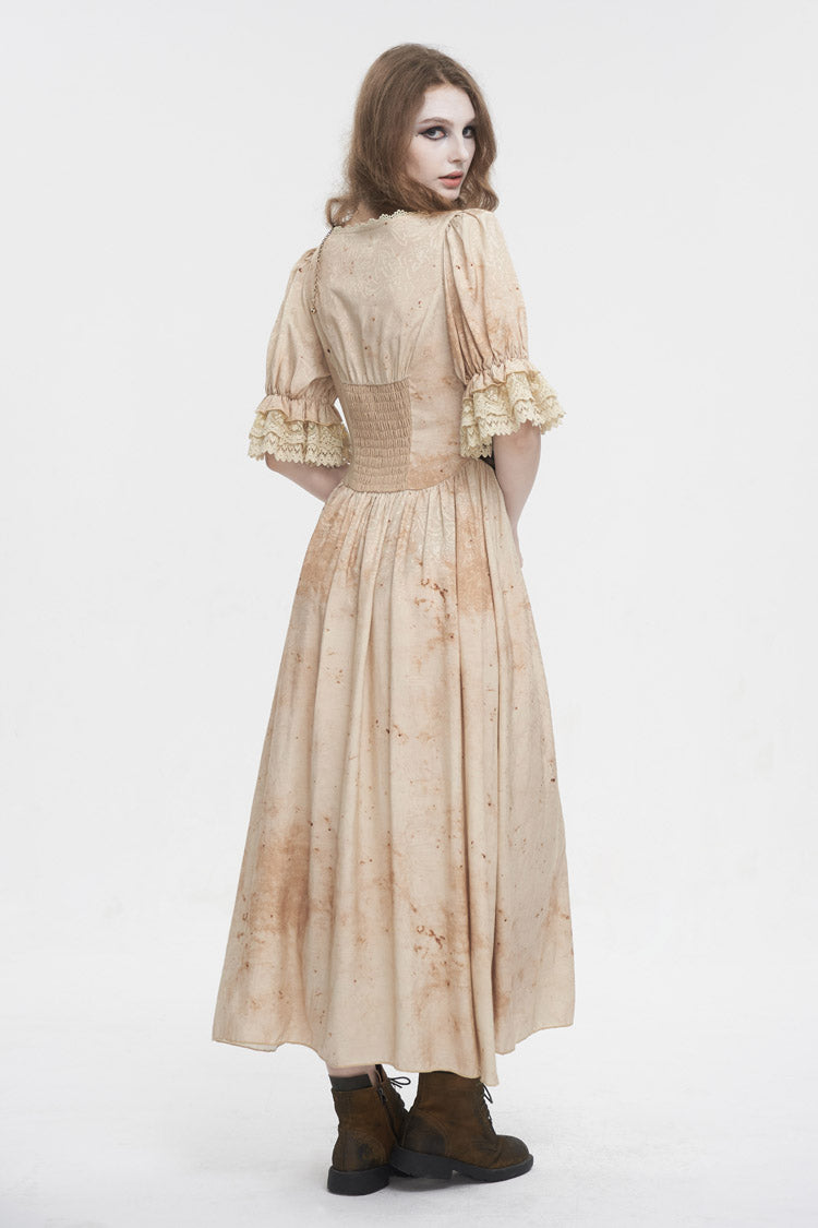 Apricot Plunging Puff Sleeved High Waisted Lace Hem Long Women's Punk Dress