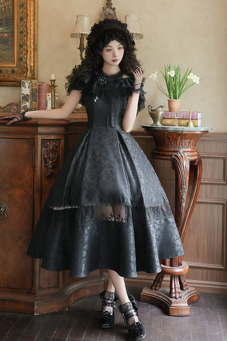 Black [Flowers in the Mist] Off Shoulder Halterneck Print Ruffle Gothic Elegant Lolita Dress