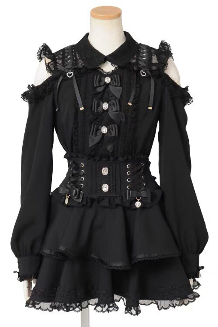 Col à revers doux, épaules dénudées, manches longues, nœud en dentelle épissé, grande taille, chemisier Lolita japonais, 3 couleurs