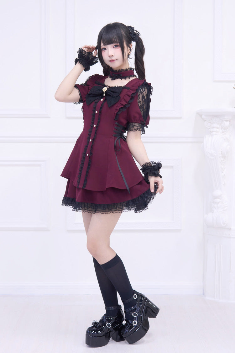 Red [Waltz] Short Sleeves Ruffle Bowknot Gothic Jirai Kei Japanese Dress Set