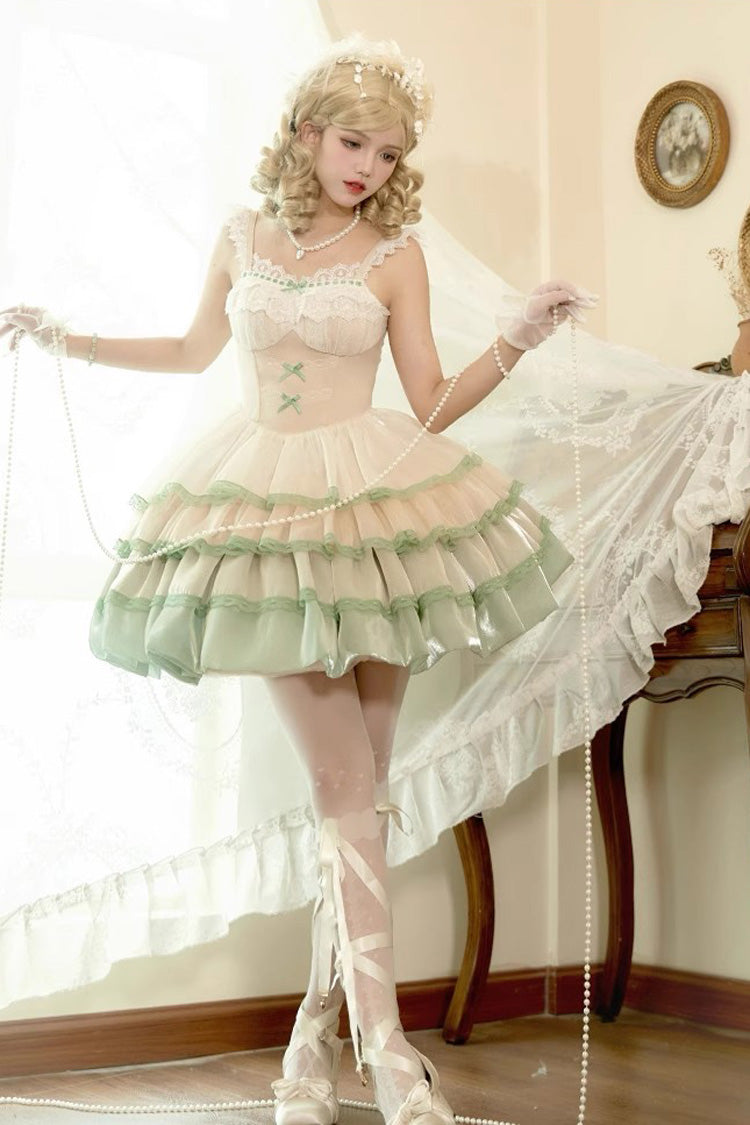 Ivory/Green Glass Dream Multi-layer Ruffle Fish Bone Sweet Lolita Jsk Dress