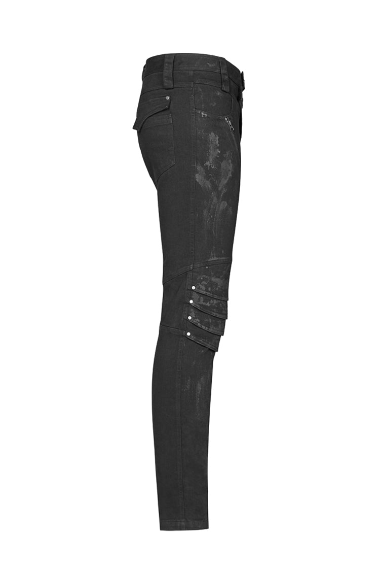 Black Military Uniform Buckle Skinny PU Leather Men's Punk Pants