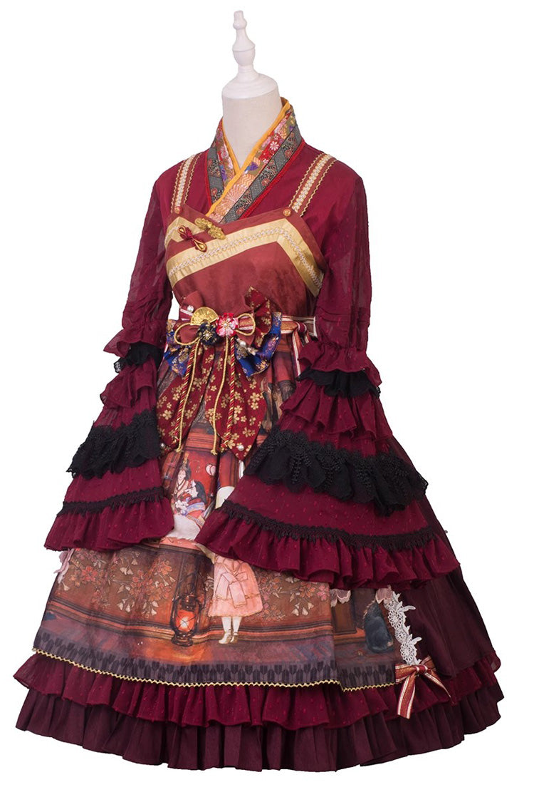 Multi-Color Nightmare Print Japanese Ruffle Bowknot Sweet Lolita Jsk Dress