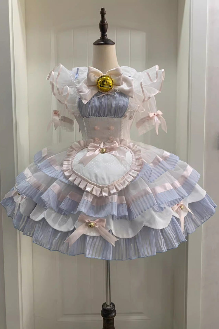 Blue Magical Girl Multi-layer Ruffle Bowknot Bell Maid Sweet Lolita Dress Full Set