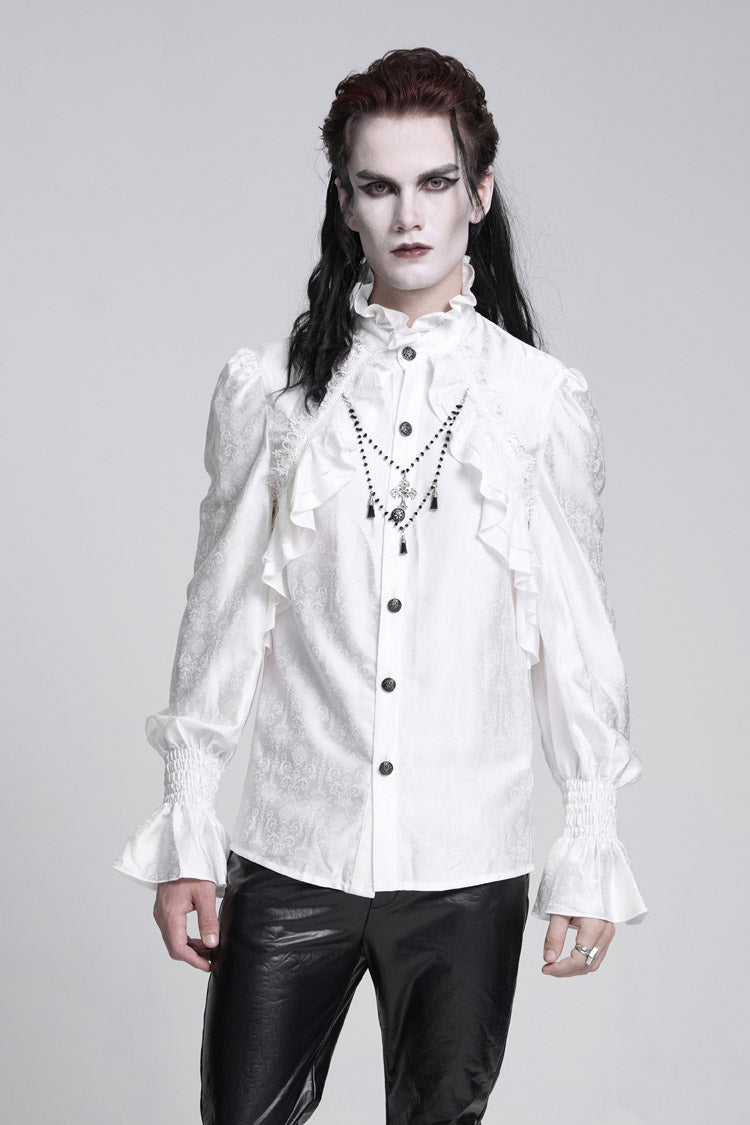 White Stand Collar Long Sleeves Ruffle Lace Cross Men's Gothic Blouse