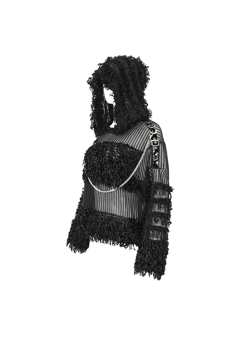 Black Segmented Mesh Matching Chain Women's Punk Hooded Sweater
