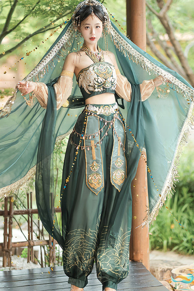 Vert [princesse des Guo Huang Flying Apsaras] ensemble de pantalons Hanfu magnifiques pour femmes, col licou, taille haute, imprimé brodé