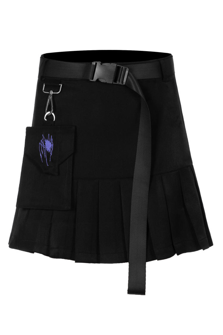 Black Buckle Belt Waist Bag Spider Embroidery Women's Punk Pleated Skirt