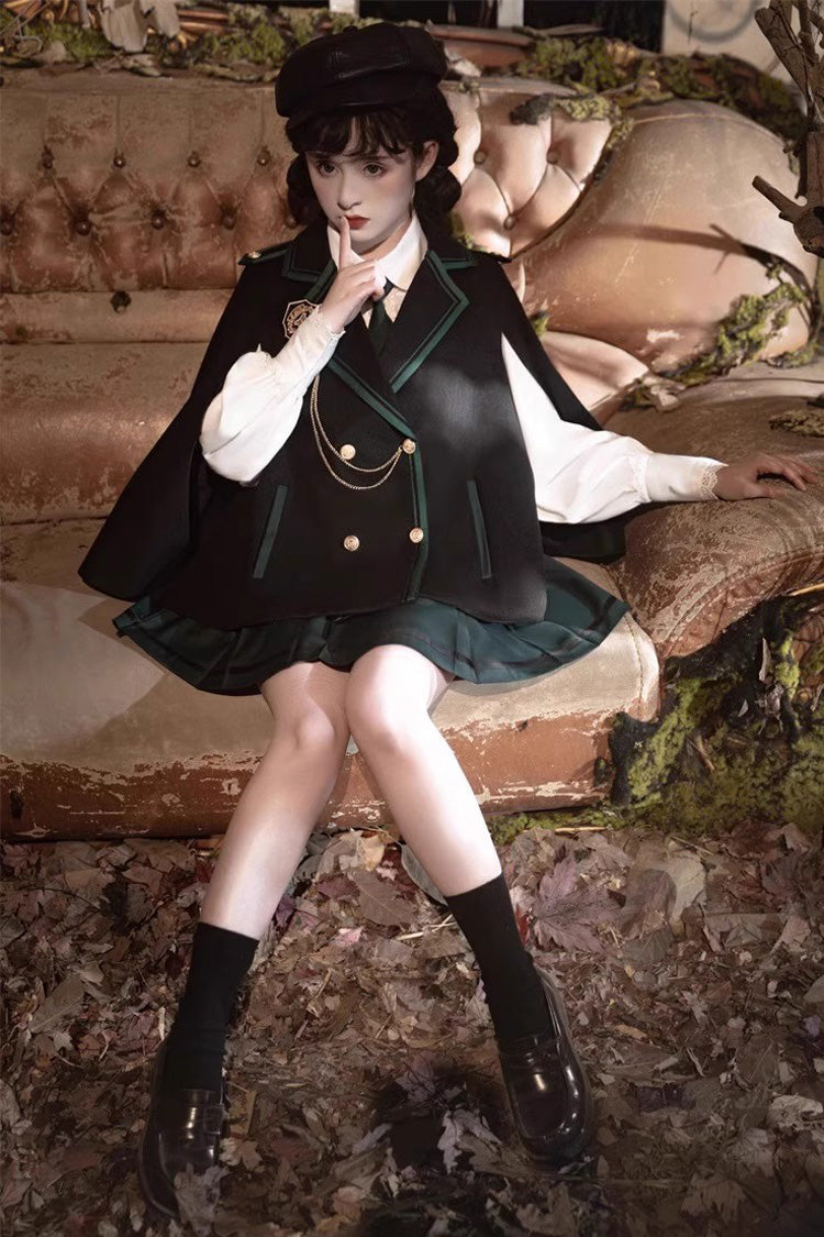 Black/Green Magic Academy Lapel Collar Gothic Vintage College Style Lolita Skirt Full Set