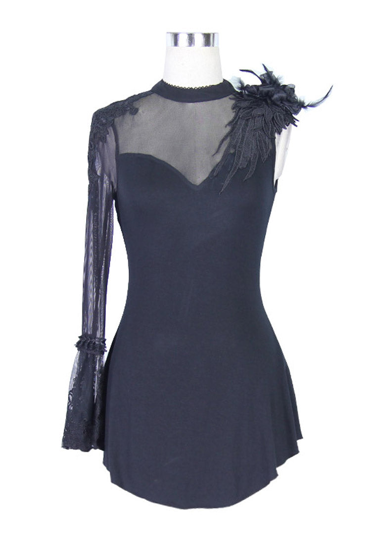 Schwarze Schulteraufkleber Federdekoration Einärmeliges Splice Mesh Damen Gothic Strick