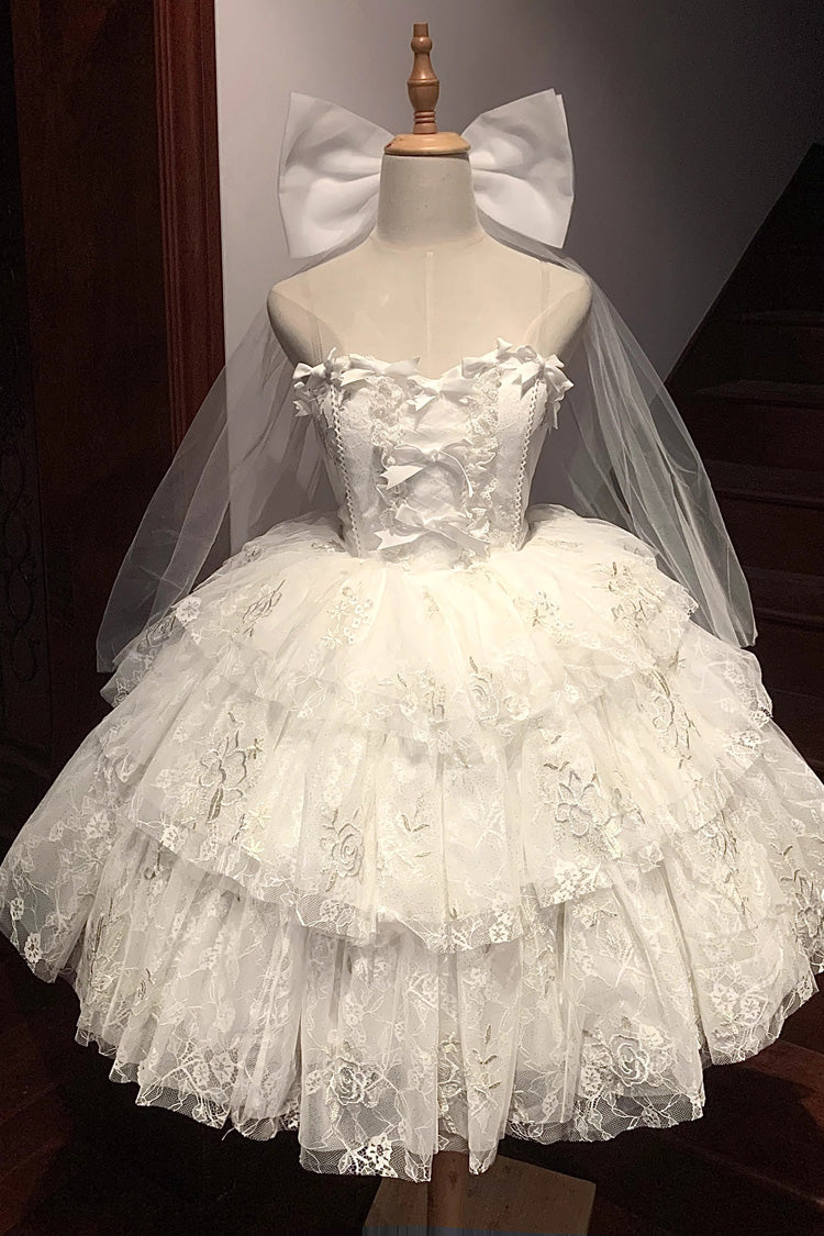Weißes kurzärmliges Hanayome-Kleid mit Schleife und mehrlagigem Druck, süßes Prinzessinnen-Lolita-Trägerloses Kleid