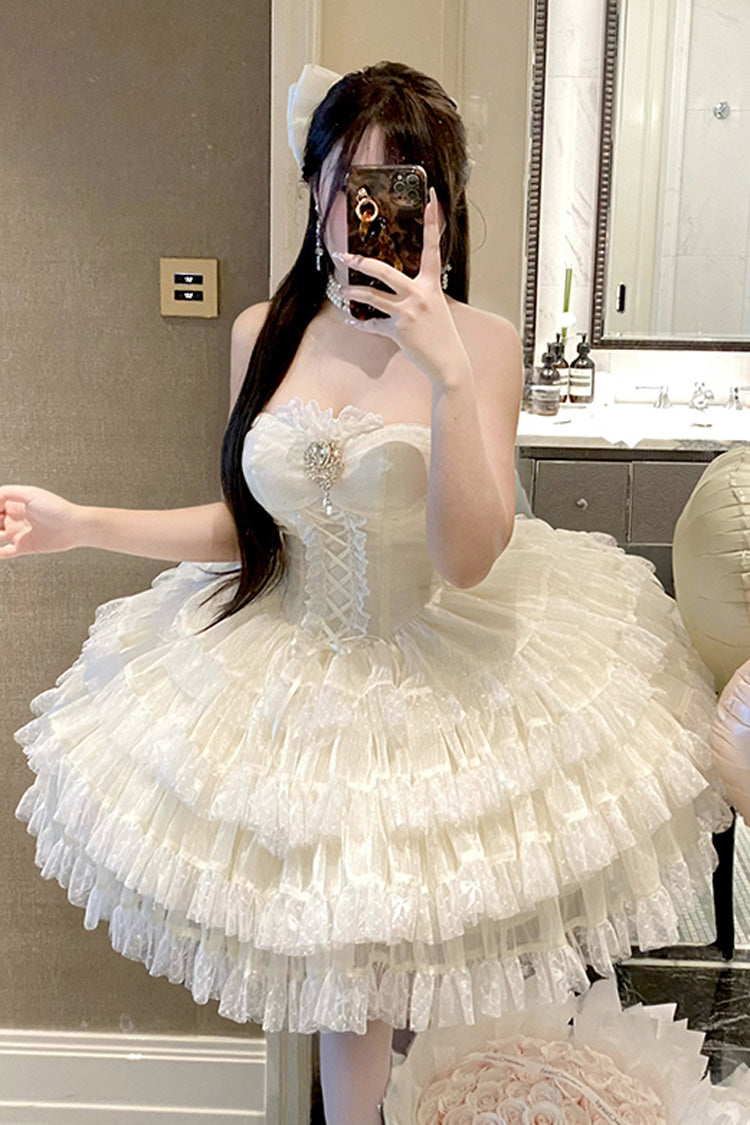 Beige [Heartbeat at First Sight] Off Shoulder Sleeveless Multi-Layered Ruffle Bowknot Lace Lace-Up Sweet Princess Gorgeous Lolita Dress