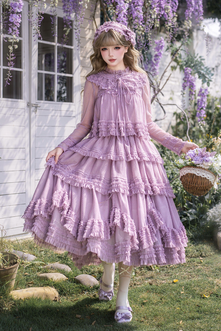 Robe Lolita à plusieurs niveaux, col montant, manches longues, volants multicouches, blocs de couleurs, 14 couleurs