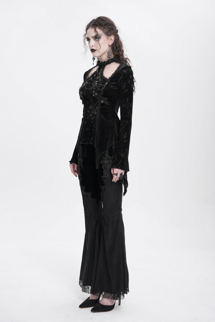 Black Halterneck Long Trumpet Sleeves Jacquard Embroidery Women's Gothic Blouse