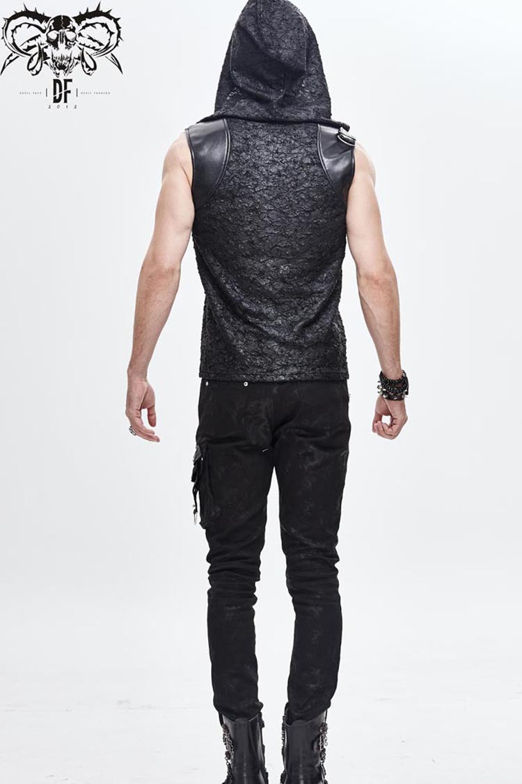 Black Hooded Tattered Chest Lace Up Metal Buckle Knit Men's Punk Vest