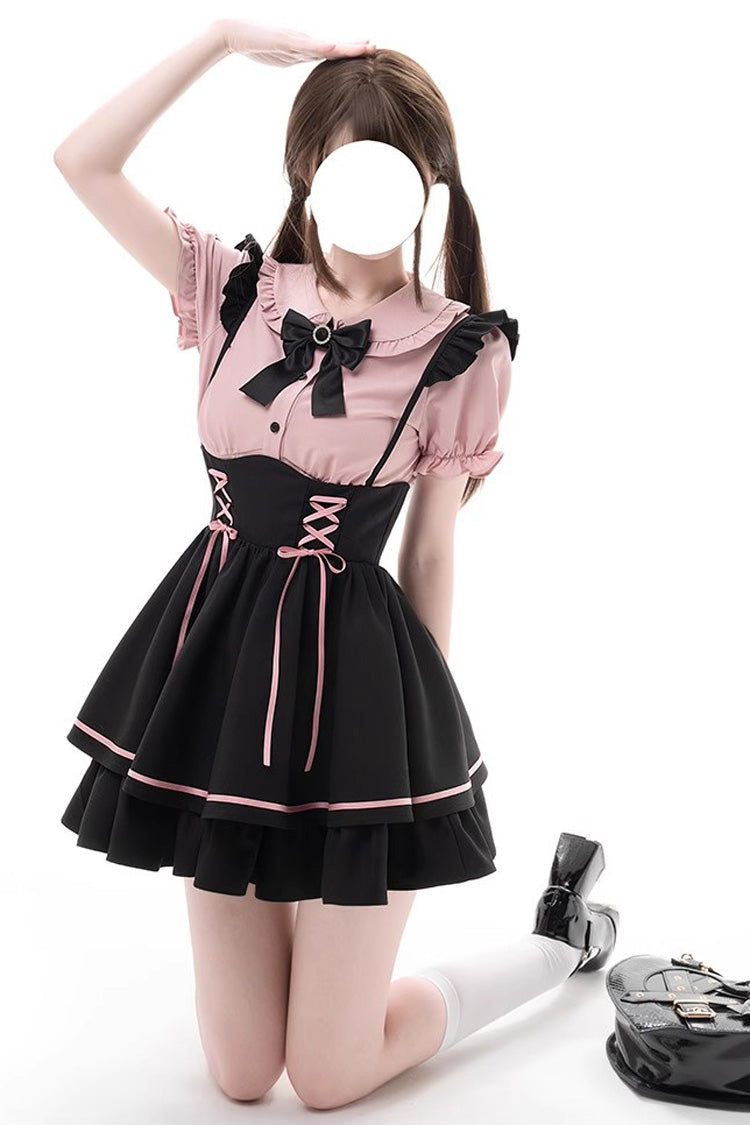 Noir/Rose Premier Sakura Manches Courtes Multi-couches Lacets Doux Jirai Kei Ensemble Japonais 