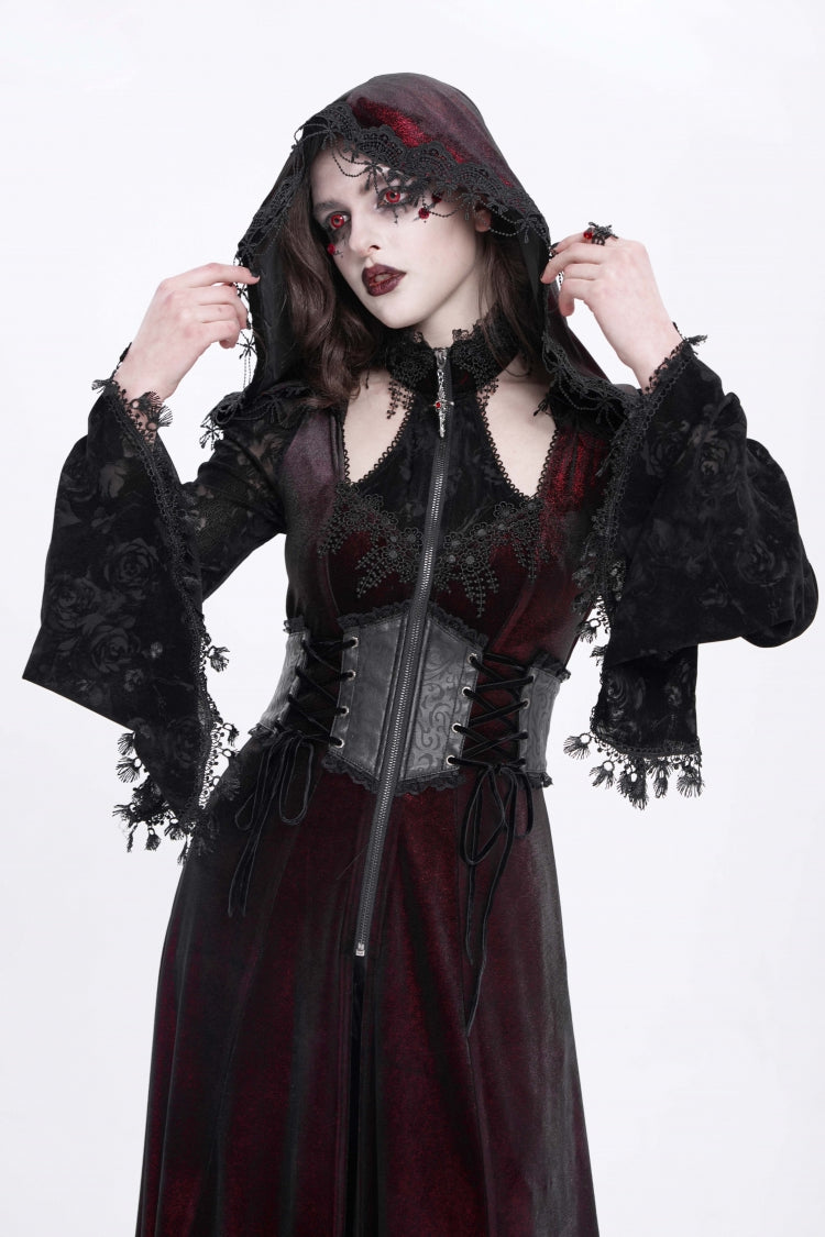 Red Long Sleeves Hollow Embroidery Hooded Ripped Women's Gothic Dress Coat
