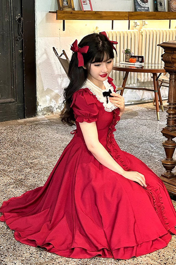 Wine Red Annie's Gift Short Sleeves Bowknot Sweet Lolita Dress (Plus Size Support)