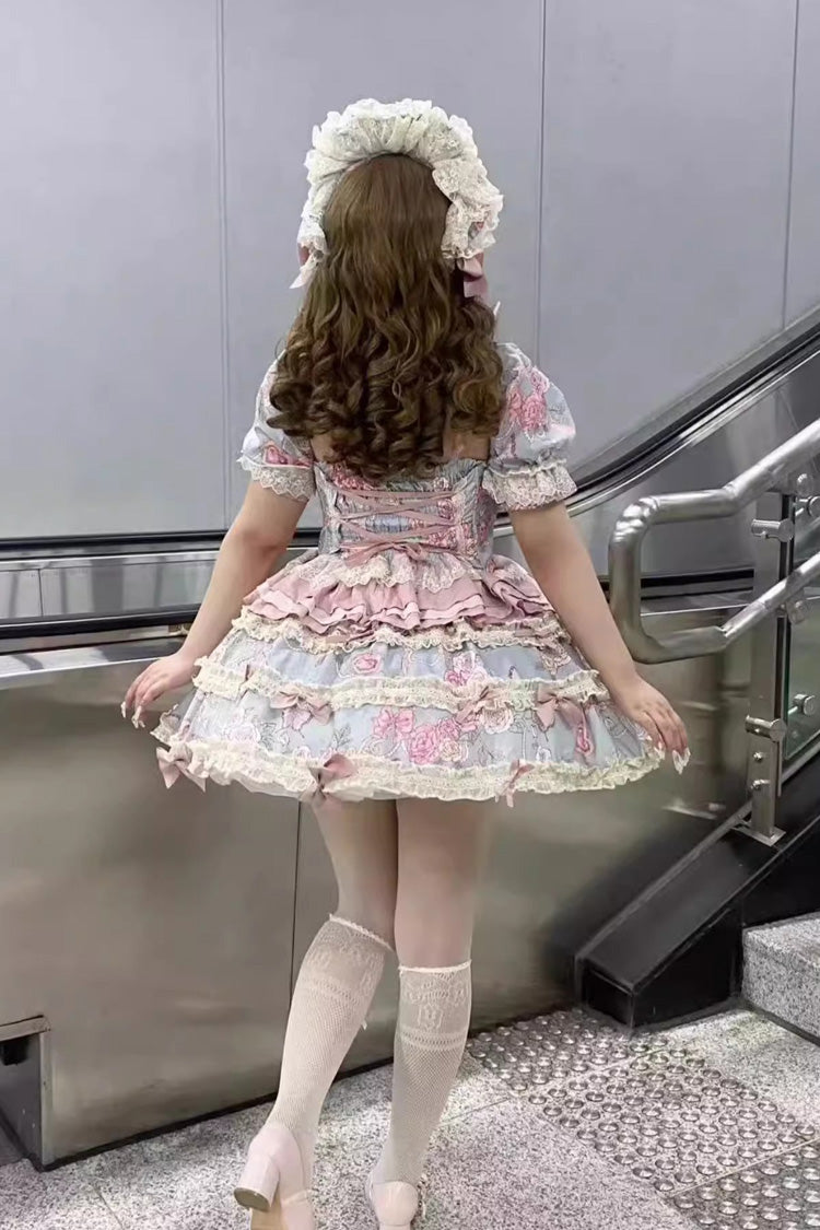 Blue/Pink [Gem Rose] Multi-Layered Ruffle Bowknot Lace Sweet Princess Lolita Skirt 2 Versions