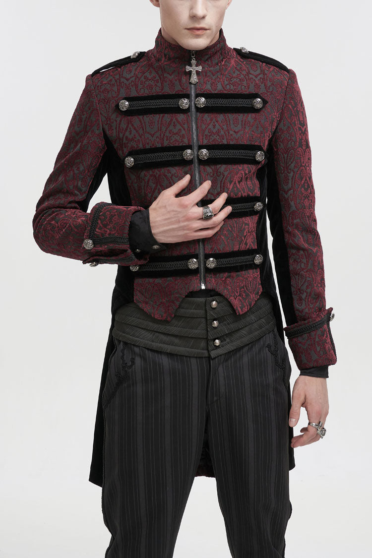 Red Silk Stand Collar Printed Metal Breasted Cross Zipper Back Slit Vintage Men's Gothic Jacket