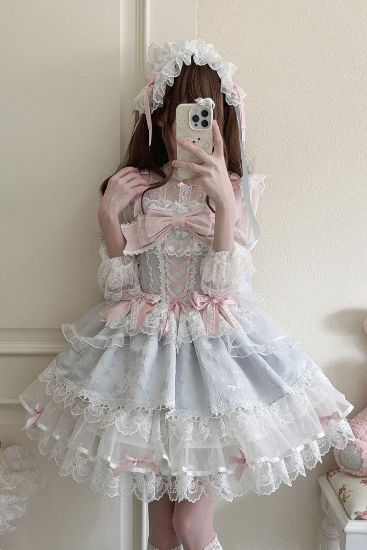 Robe Jsk Lolita Ballet Douce Slim en Dentelle à Nœud à Volants Sans Manches [Île Fleishi Bleue] 