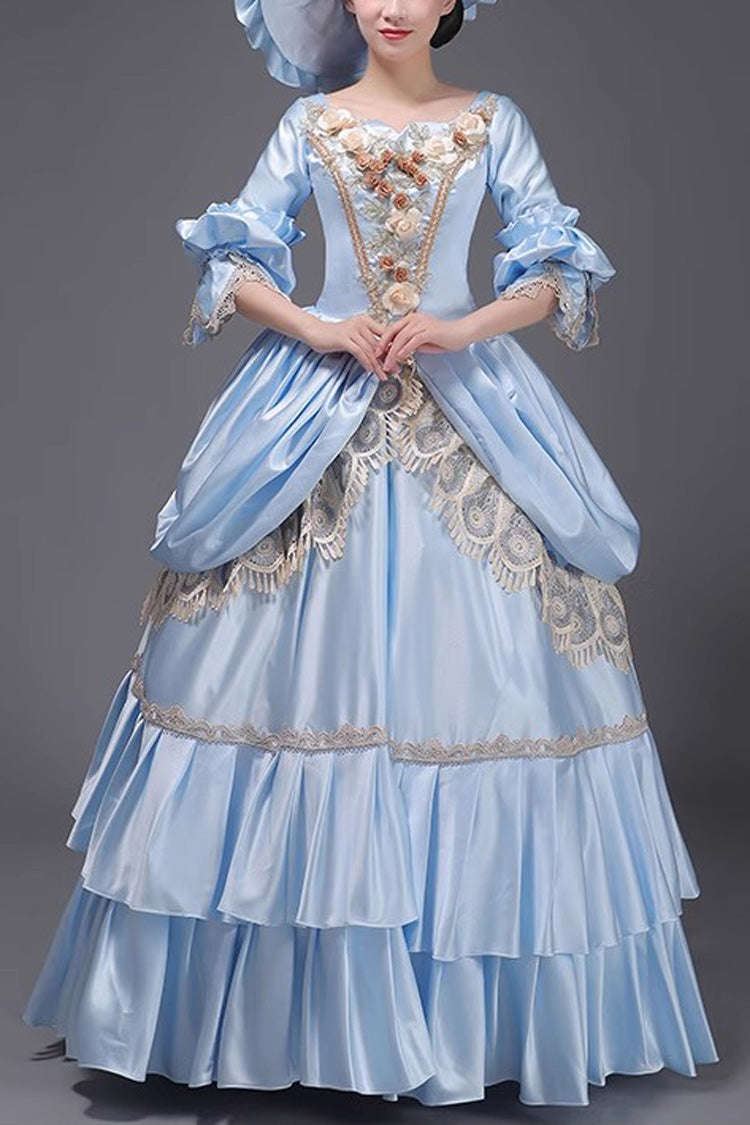 Blue 3D Flower Decoration Multi-layer Ruffle Embroidery Cardigan Sweet Vintage Princess Victorian Dress