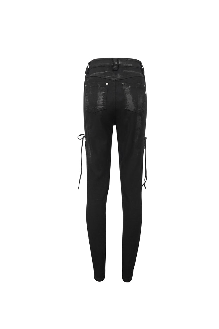 Black Stretch Twill Paneled Mesh Perforated Women's Punk Trousers