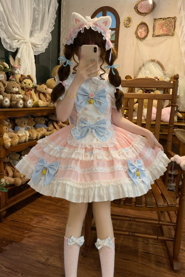 Pink [Meowling Sweet Maid] Sleeveless Multi-Layered Ruffle Bowknot Lace Sweet Princess Lolita Jsk Dress