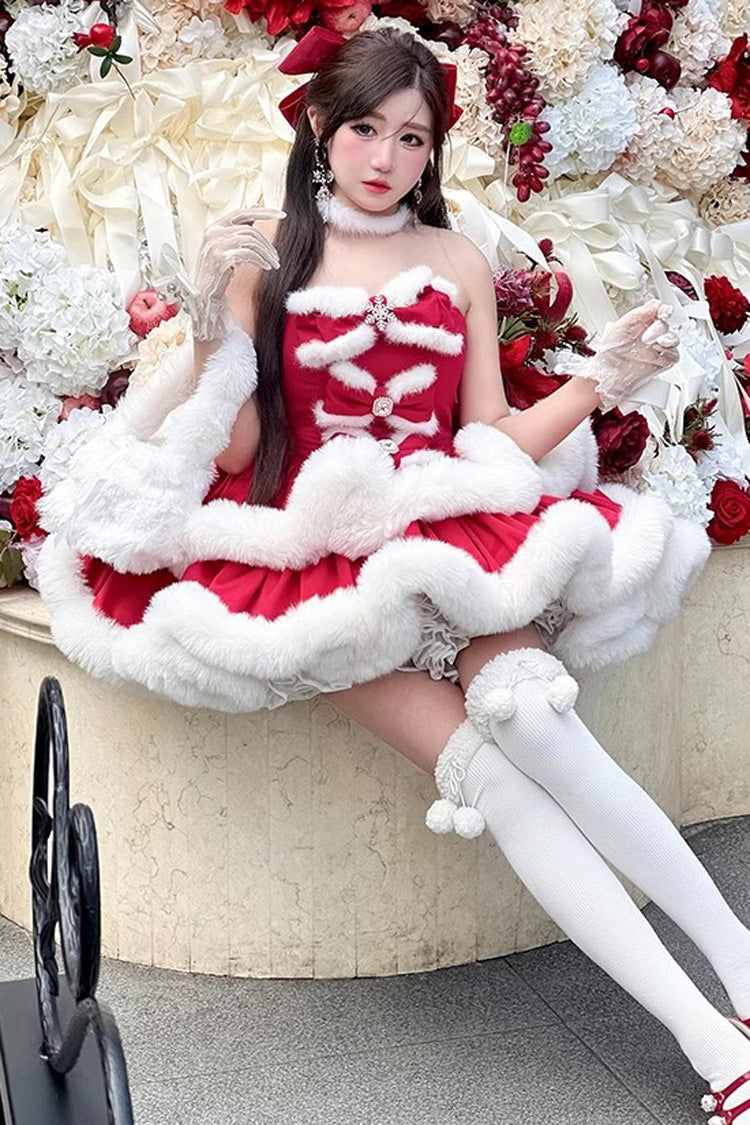 Red [Holiday] Double-Layered Bowknot Sweet Princess Lolita Strapless Dress