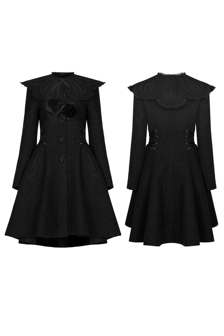 Black Fur Collar Fur Ball Decoration Long Sleeves Rose Button Womens Gothic Coat With Removable Collar