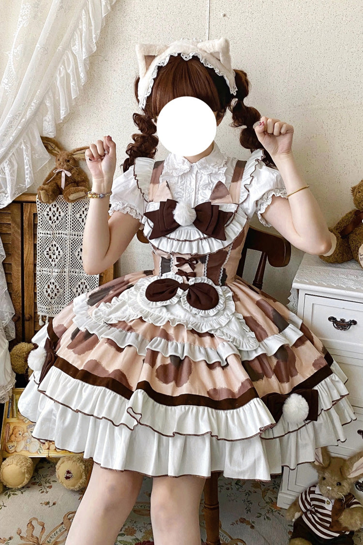 Brown [Calico Cat] Sleeveless Triple-Layered Printed Ruffled Bow Plush Sweet Lolita Jsk Dress