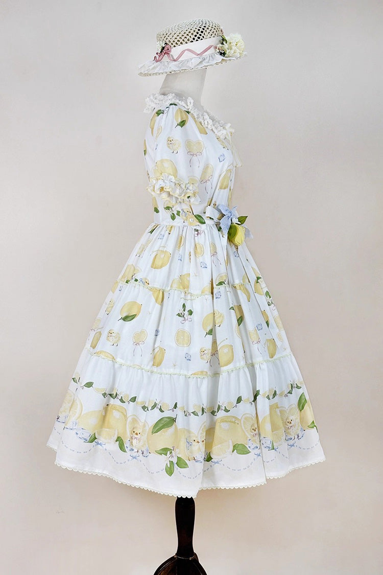 White [Lemon Chicken] Short Sleeves Print Ruffle Bowknot Lace Daily Sweet Lolita Dress