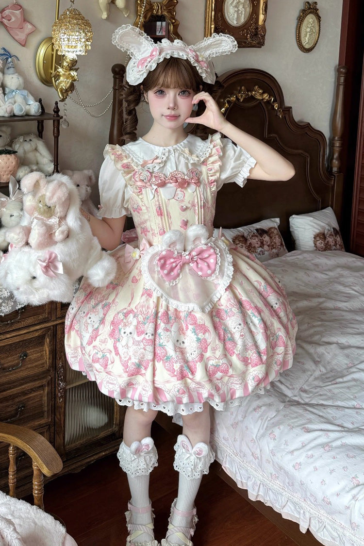 [Cream Rabbit Strawberry] Print Sleeveless Bowknot Sweet Lolita Jsk Dress 2 Colors