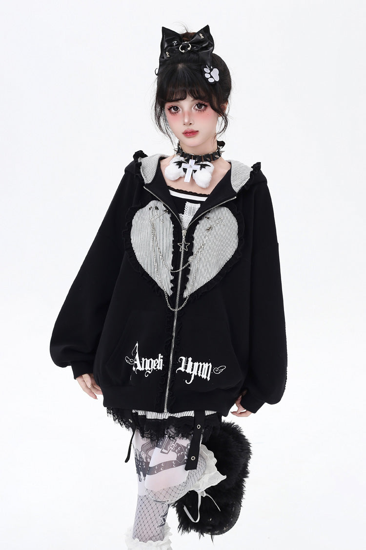 [Striped Bunny Ears] Long Sleeves Heart Print Embroidery Hooded Zipper Sweet Jirai Kei Cool Lolita Coat 2 Colors