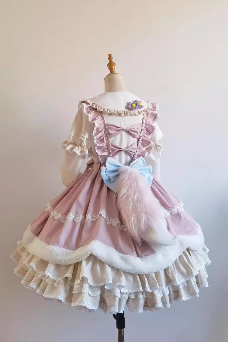 White/Pink Little Fox Multi-layer Ruffle Bowknot Long Sleeves Sweet Lolita Dress