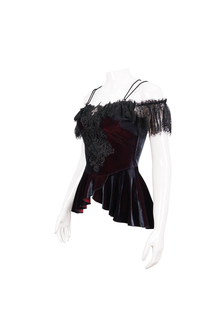 レッド ストレッチ ベルベット アイラッシュ レース 半袖 ワンショルダー レディース ゴシック ストラップ T シャツ