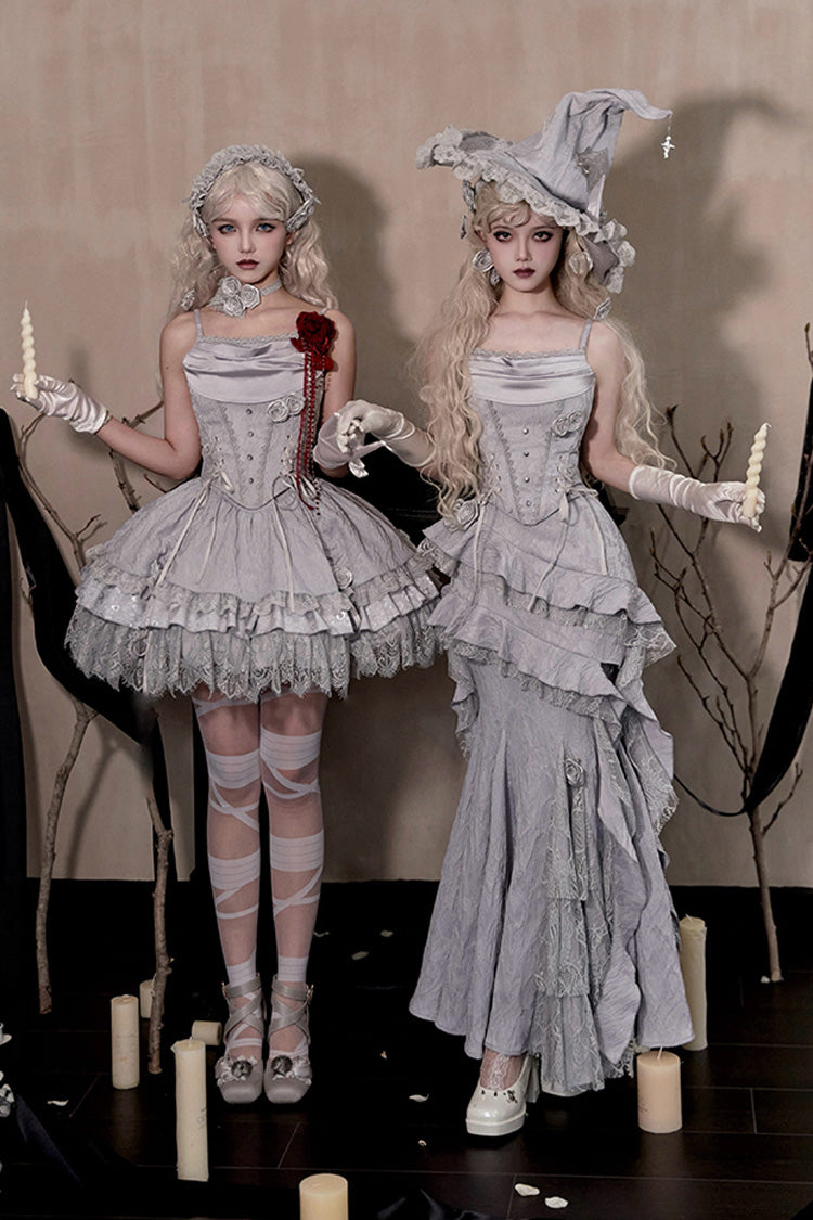 Silver Grey [Twilight] Multi-Layered Ruffle Hollow Lace Gothic Witch Lolita Skirt