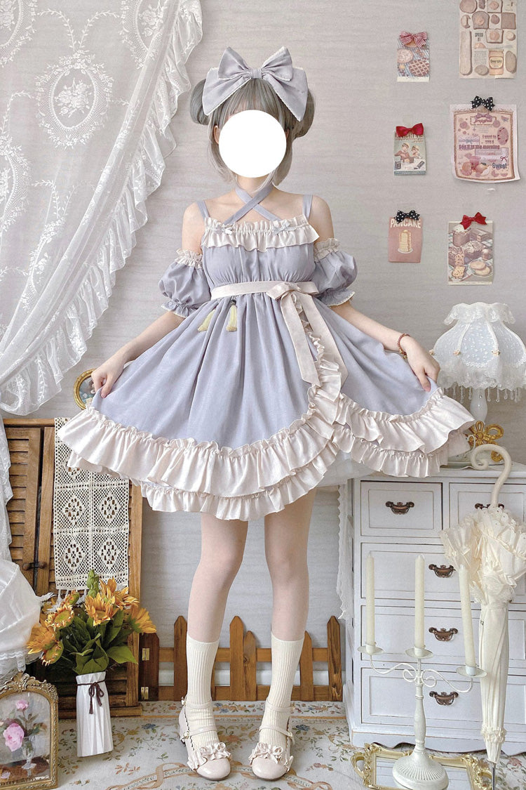 Grey [Monet Estate] Sleeveless High Waisted Ruffle Bowknot Asymmetric Sweet Lolita Jsk Dress